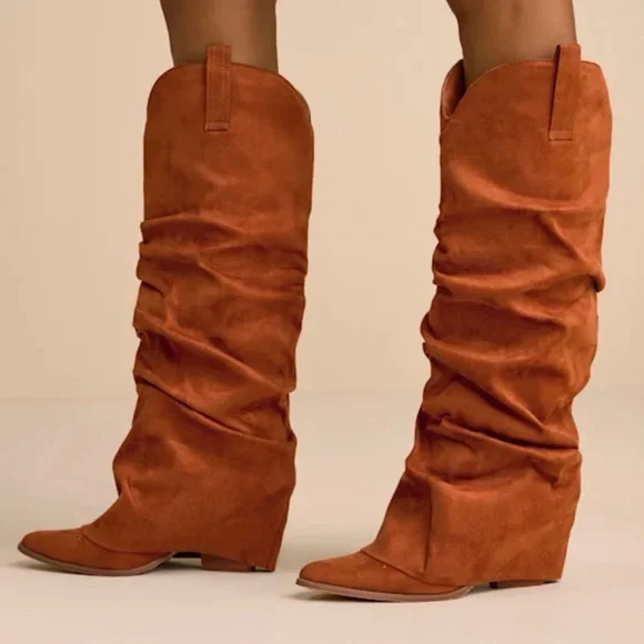 Lonzah Tan Suede Knee High Slouchy Boots - Picture 3 of 5